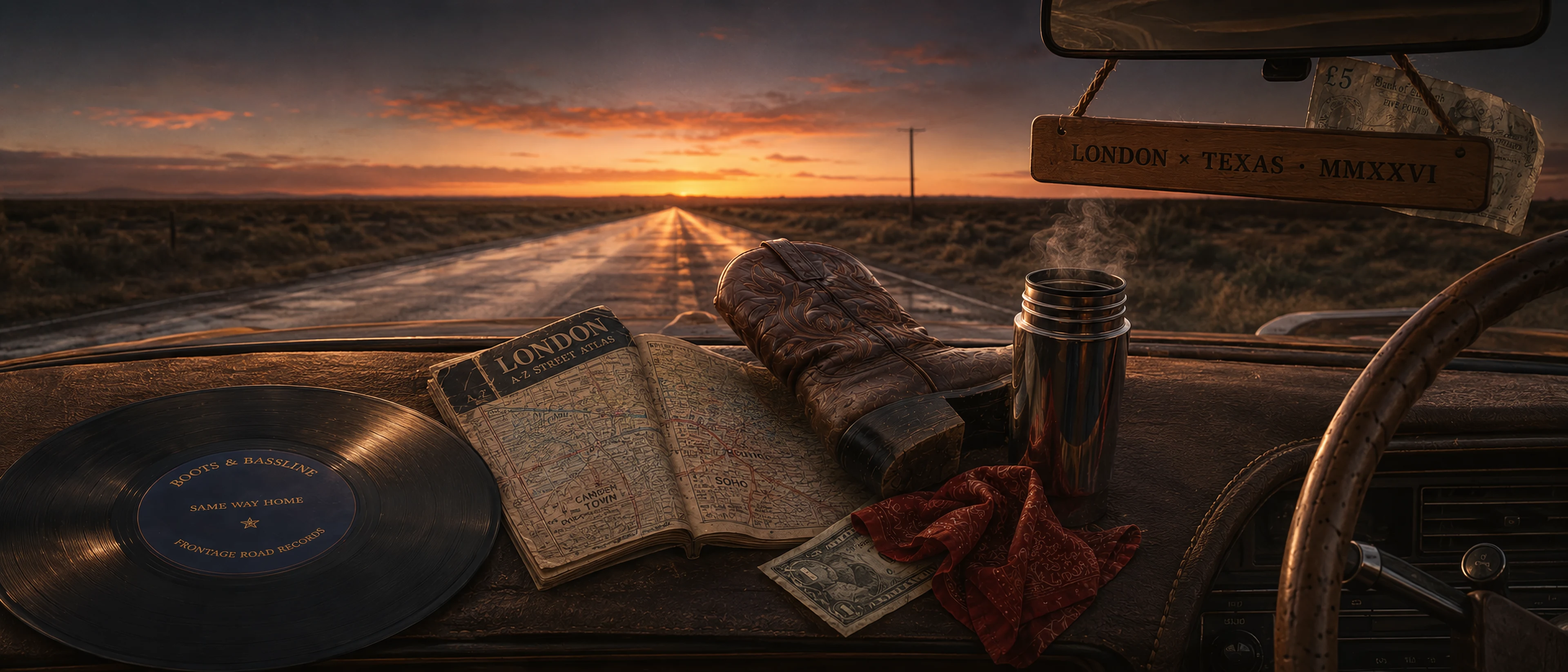 Dawn POV from the dashboard of a vintage car parked on an empty Texas highway. A Boots & Bassline vinyl record, an open London A-Z atlas, a worn cowboy boot, a chrome thermos, and a red bandana sit on the cracked leather dash; a wooden LONDON × TEXAS MMXXVI plaque hangs from the rearview. The sun rises over the road ahead.